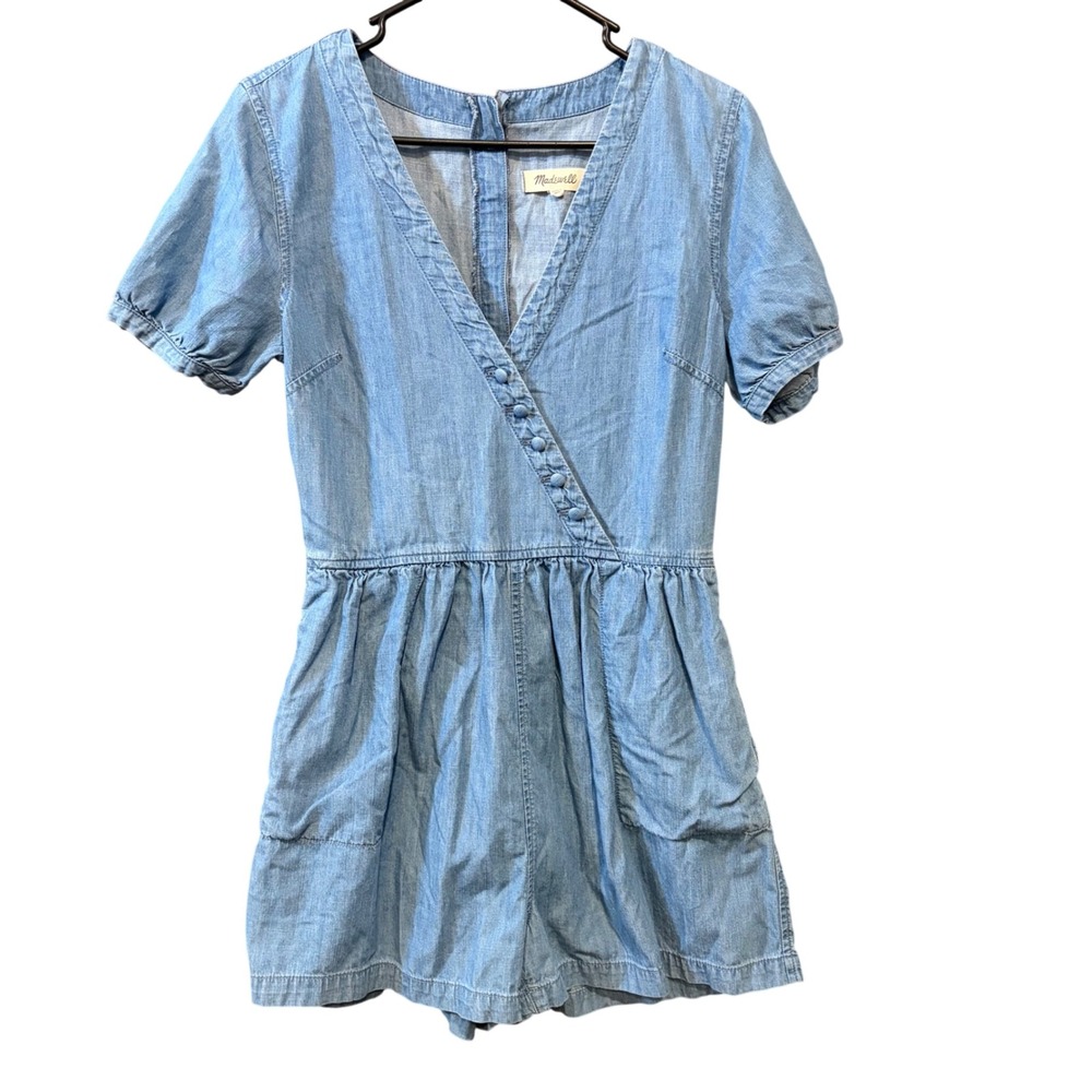 Madewell Denim Jean Button Wrap Romper Short Sleeve V Neck Blue Size 4 EUC - Picture 3 of 9